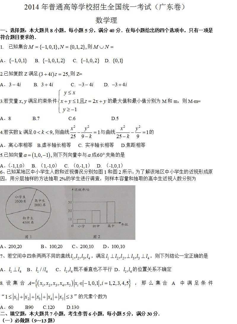 高清组图:2014广东高考数学(理科)真题