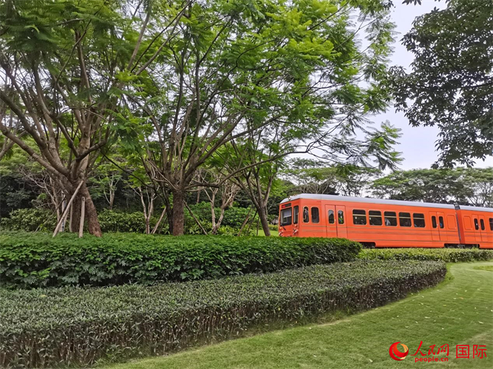 華為鬆山湖歐洲小鎮內的輕軌小火車。人民網 蔡海若攝