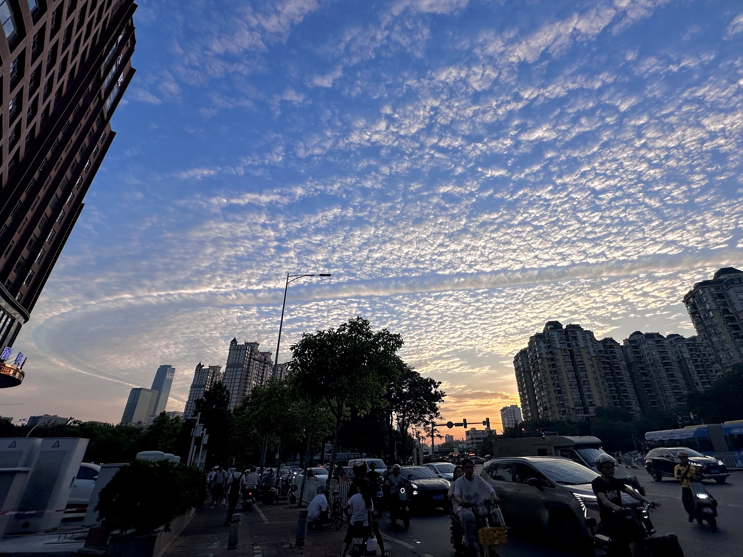 7月14日，“航迹云”伴随“卷积云”同时出现在广州上空。“卷积云”是由于副高减弱，高空中产生了一些大气波动而形成的。人民网 周睿摄