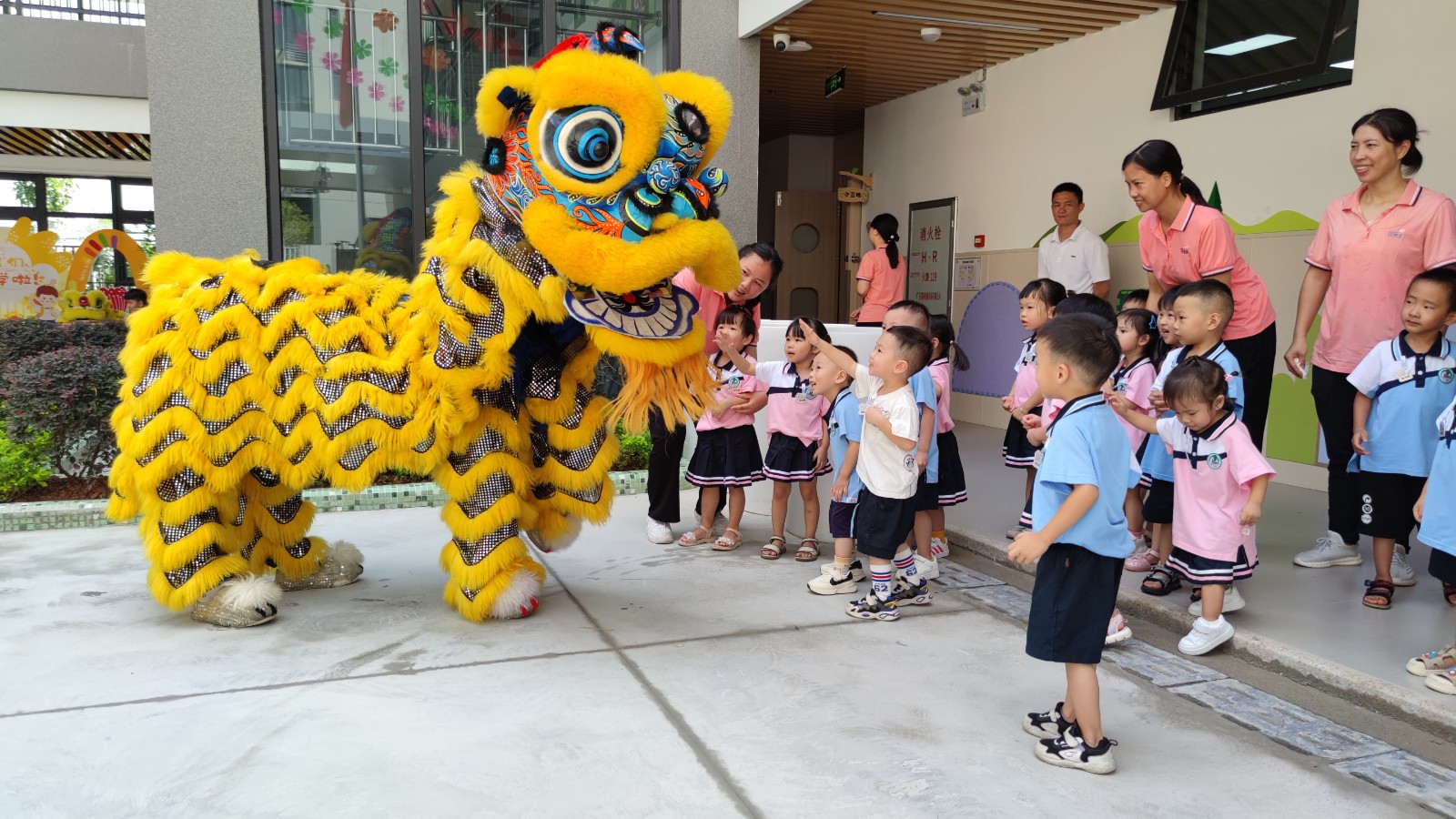 江门市新会实验幼儿园明德分园为庆祝新园开学，请来了醒狮队进行采青仪式。江门市委宣传部供图