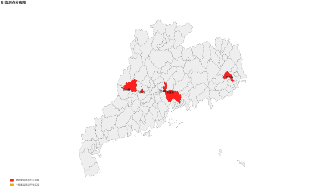 廣東省2024年4月下半月幼虫密度BI高密度監測點所在地區。圖片來源：廣東省疾病預防控制中心官方微信（高密度是指BI>20，紅色代表該地區已有高密度監測點）
