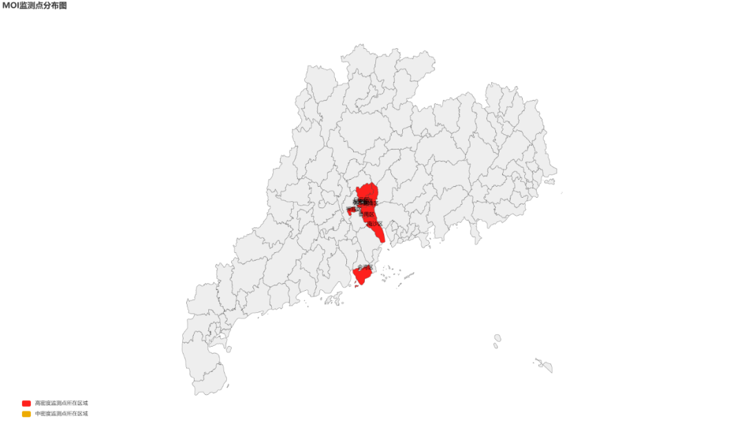 广东省2024年4月下半月成蚊密度MOI高密度监测点所在地区。图片来源：广东省疾病预防控制中心官方微信（高密度是指MOI >20，红色代表该地区已有高密度监测点）