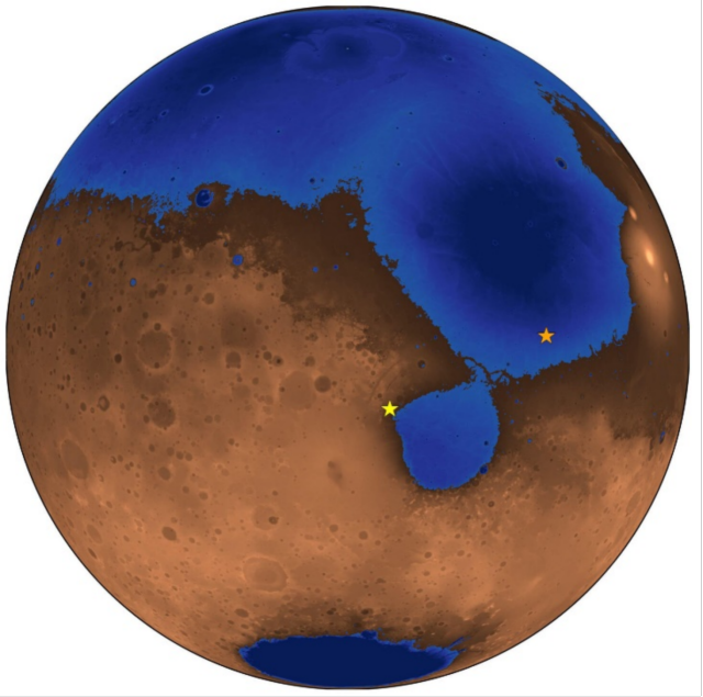 火星36亿年前的假想图。蓝色区域显示了现已消失的Deuteronilus古海洋和海岸线，橙色星标表示中国“祝融号”火星车的着陆点。受访者供图
