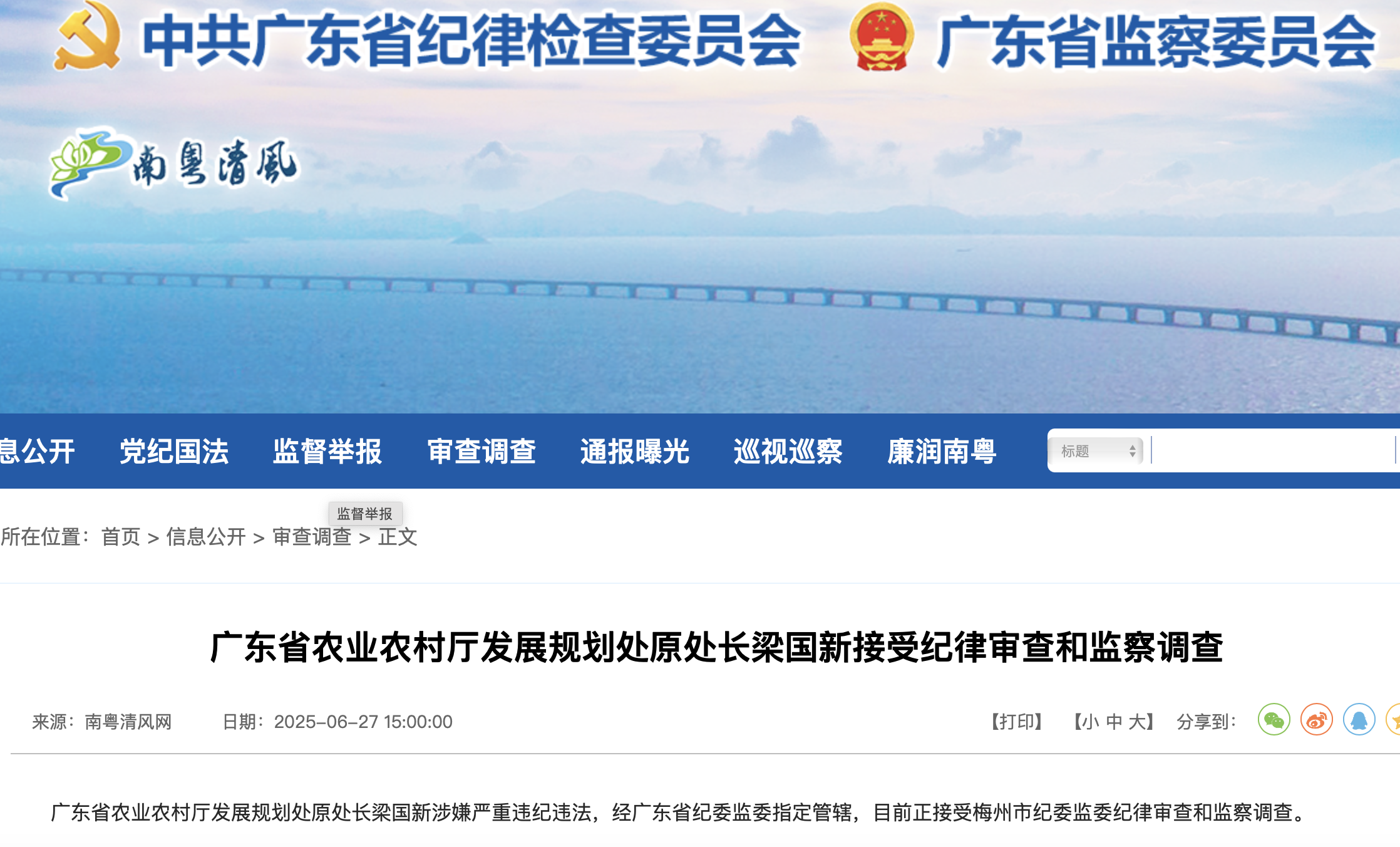 广东省纪委监委官网截图