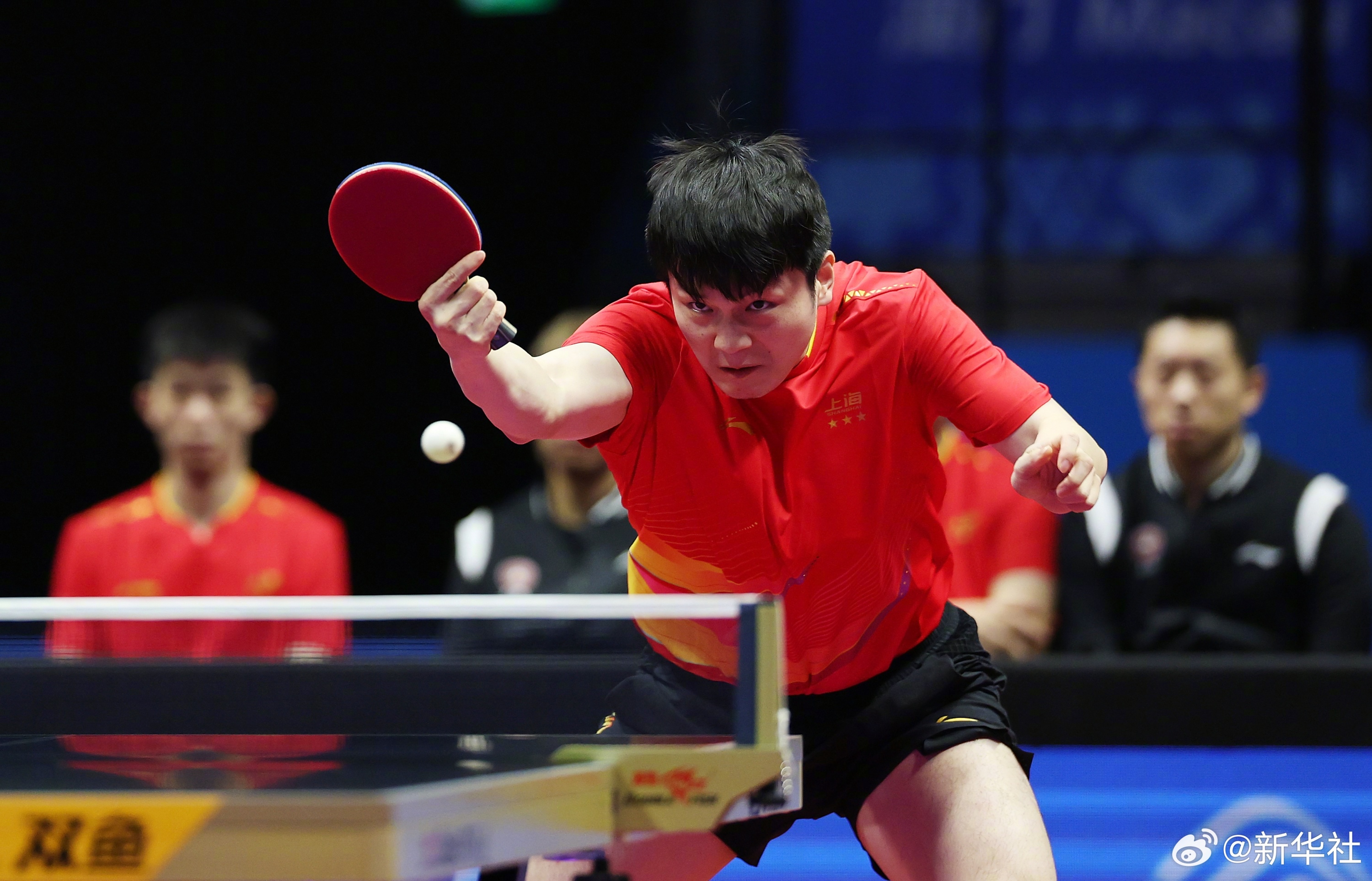 11月14日，第十五届全国运动会乒乓球项目在澳门银河综艺馆展开团体小组赛，在上海队和江苏队的对阵中，第二盘樊振东战胜孙闻，上海队2比0领先。图片来源：新华社
