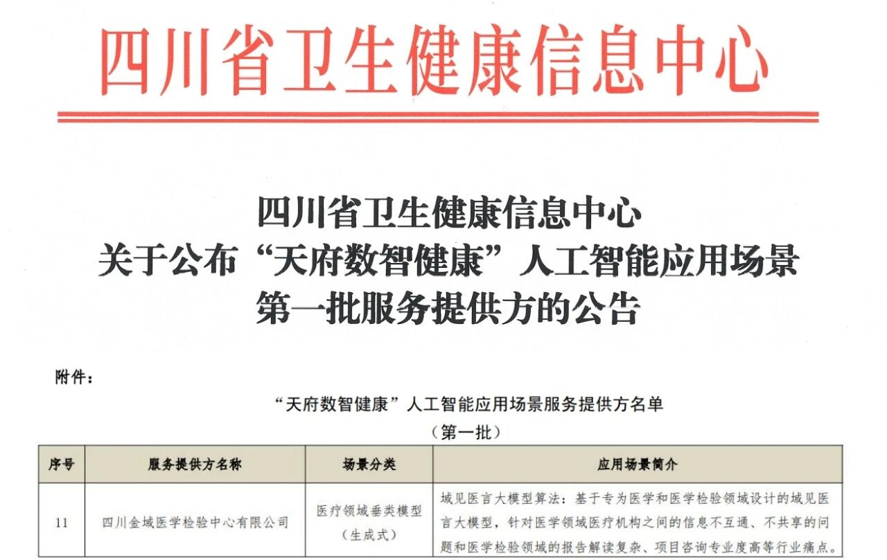金域医学域见医言大模型上架四川省卫健委人工智能应用超市(图1)