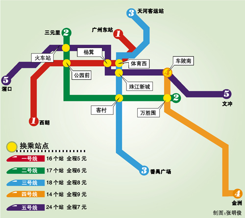 广州地铁五号线下月底开通 12元搭遍5条线